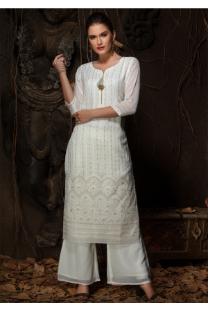 White Color Designer Georgette Straight Cut Kurti